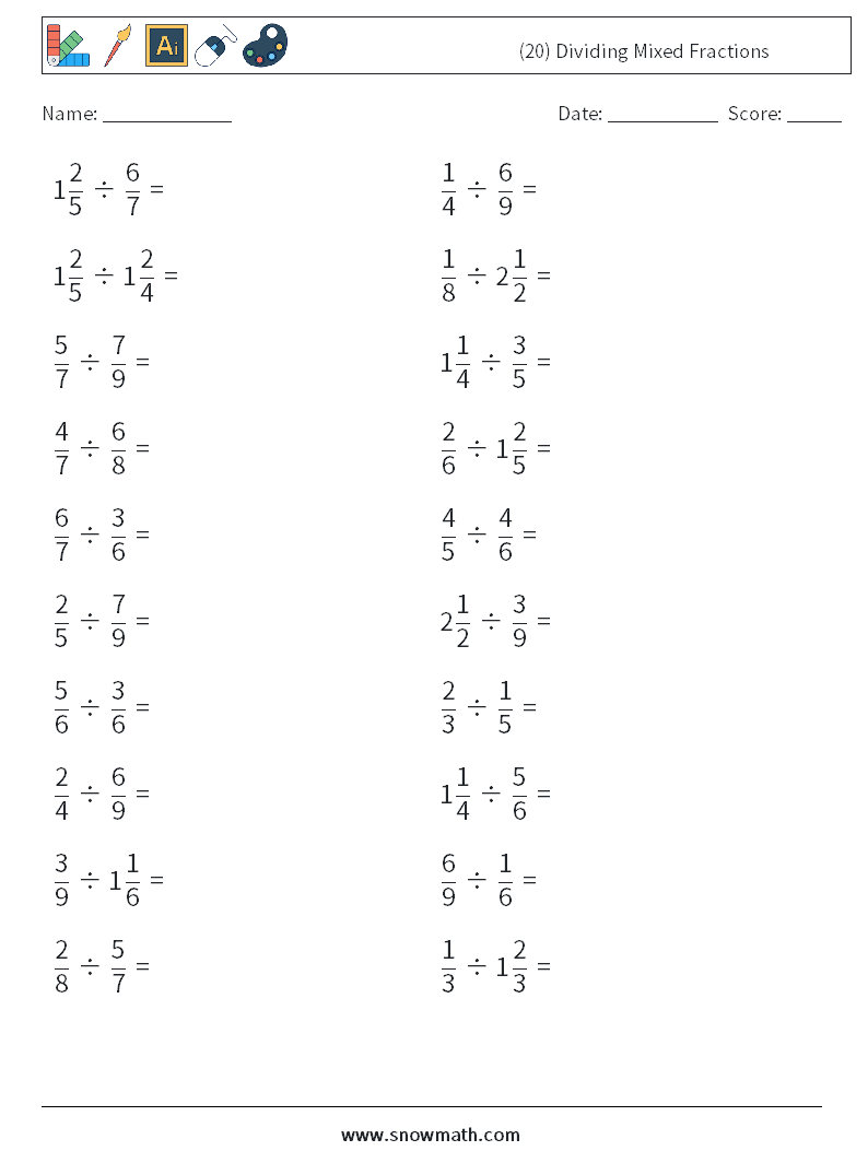 (20) Dividing Mixed Fractions Math Worksheets 10