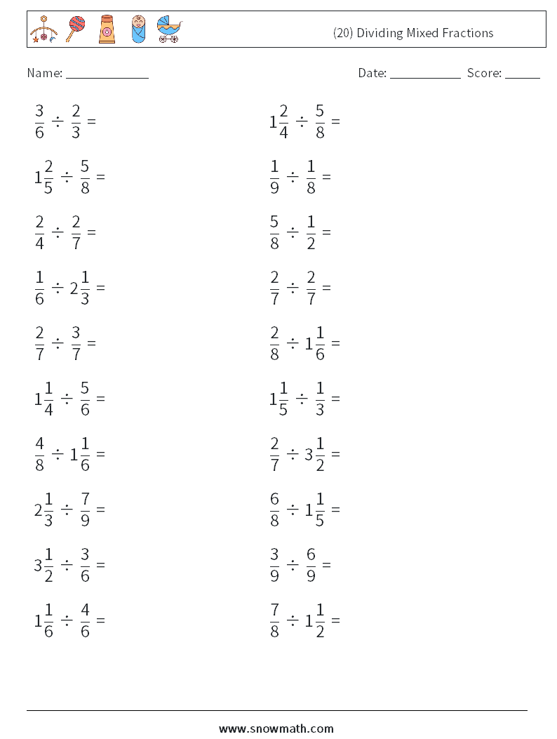 (20) Dividing Mixed Fractions Math Worksheets 11