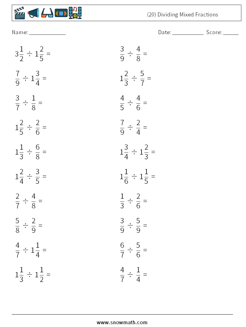(20) Dividing Mixed Fractions Maths Worksheets 12