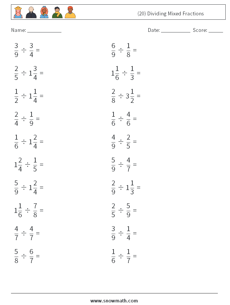 (20) Dividing Mixed Fractions Math Worksheets 13