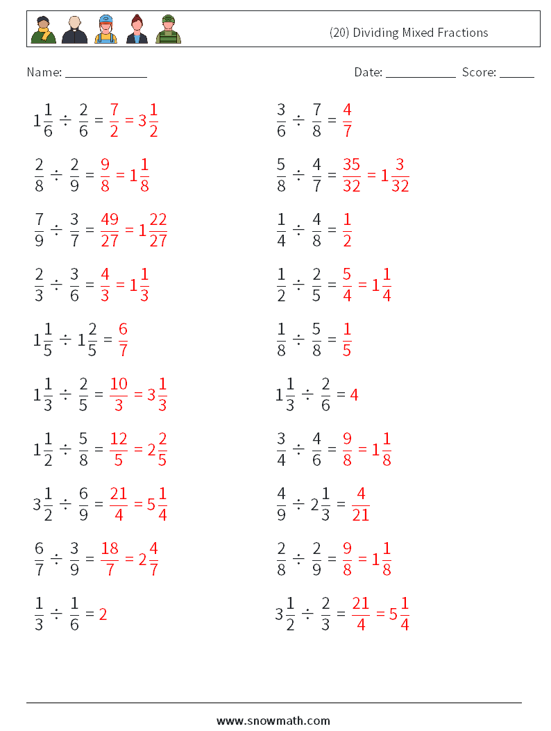 (20) Dividing Mixed Fractions Math Worksheets 14 Question, Answer