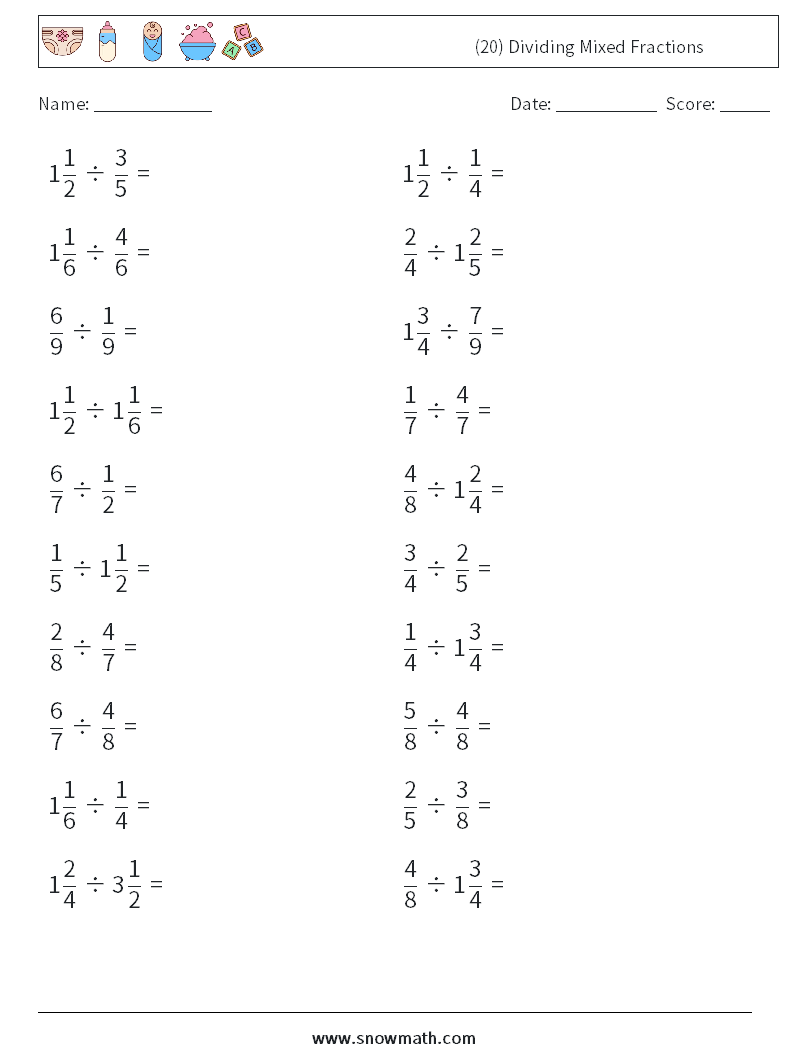 (20) Dividing Mixed Fractions Math Worksheets 15