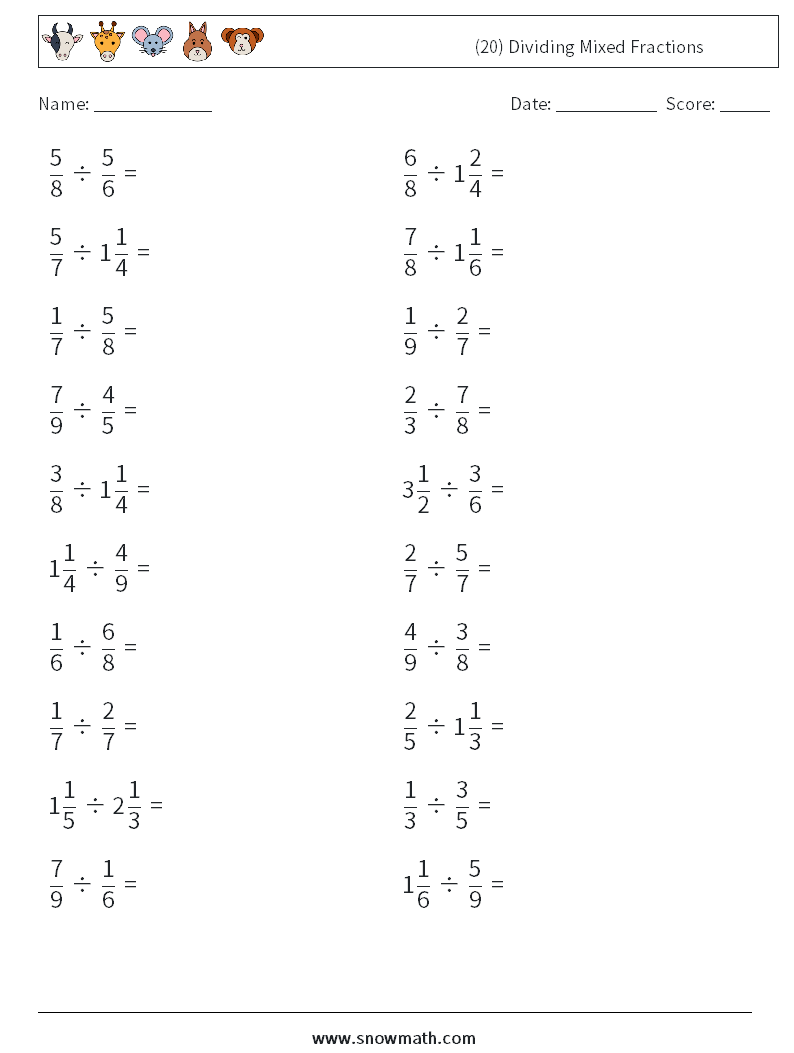(20) Dividing Mixed Fractions Math Worksheets 16