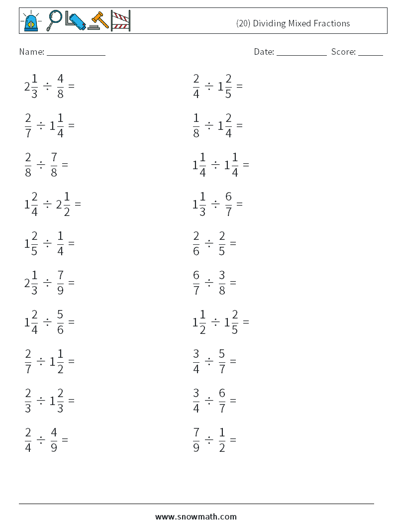 (20) Dividing Mixed Fractions Maths Worksheets 18