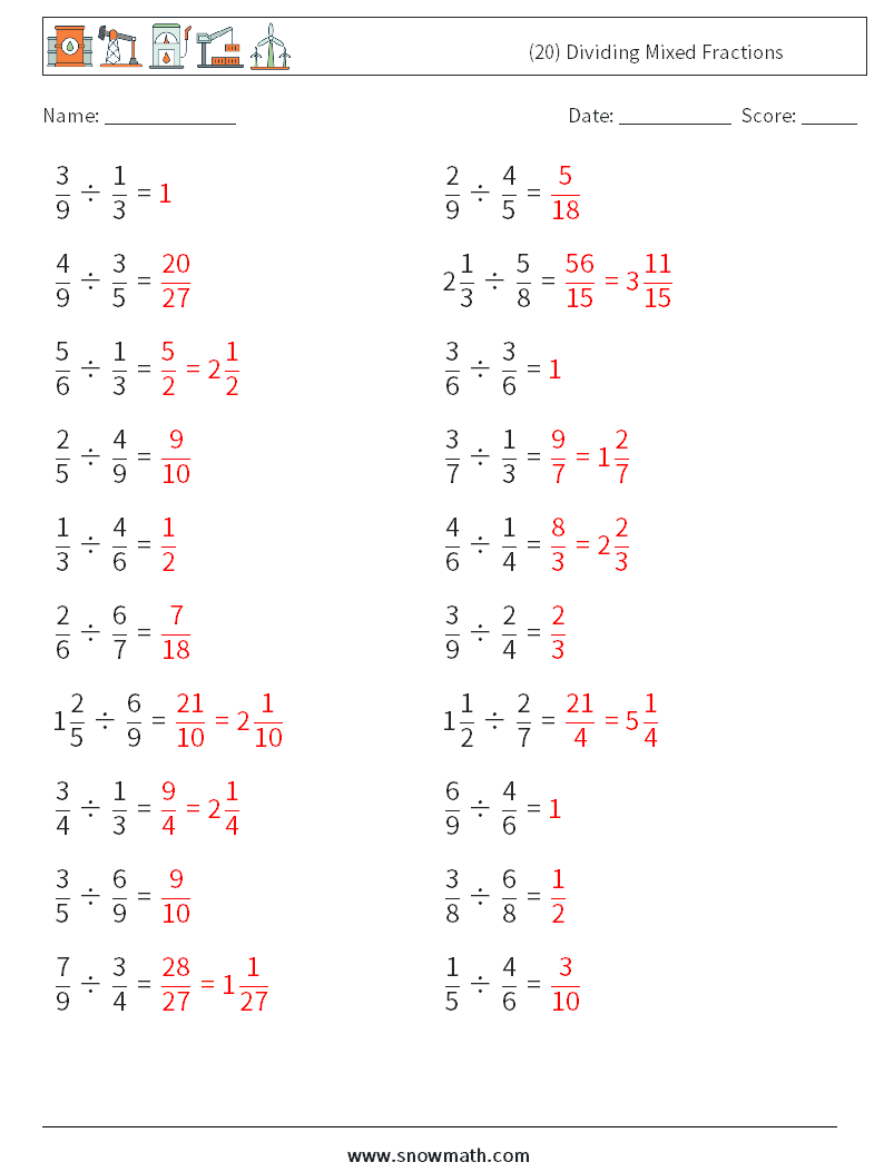(20) Dividing Mixed Fractions Math Worksheets 1 Question, Answer