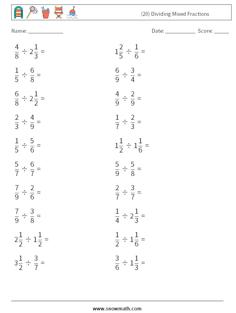 (20) Dividing Mixed Fractions Math Worksheets 2