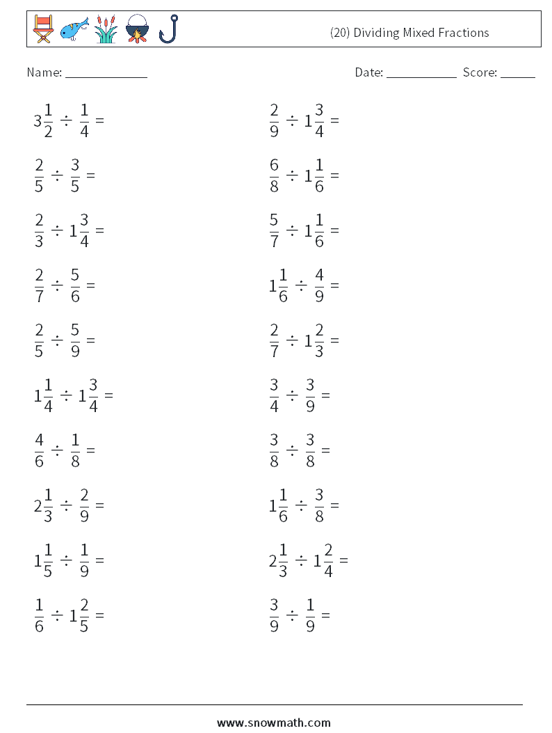 (20) Dividing Mixed Fractions Math Worksheets 3