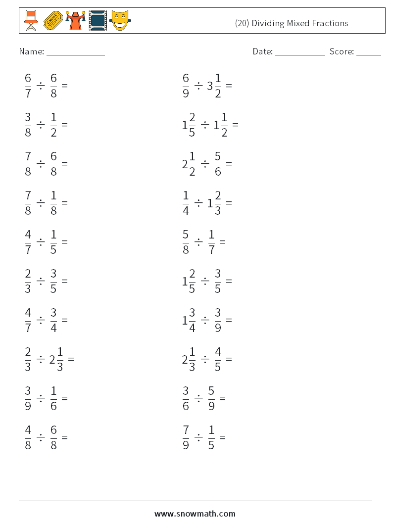(20) Dividing Mixed Fractions Math Worksheets 4