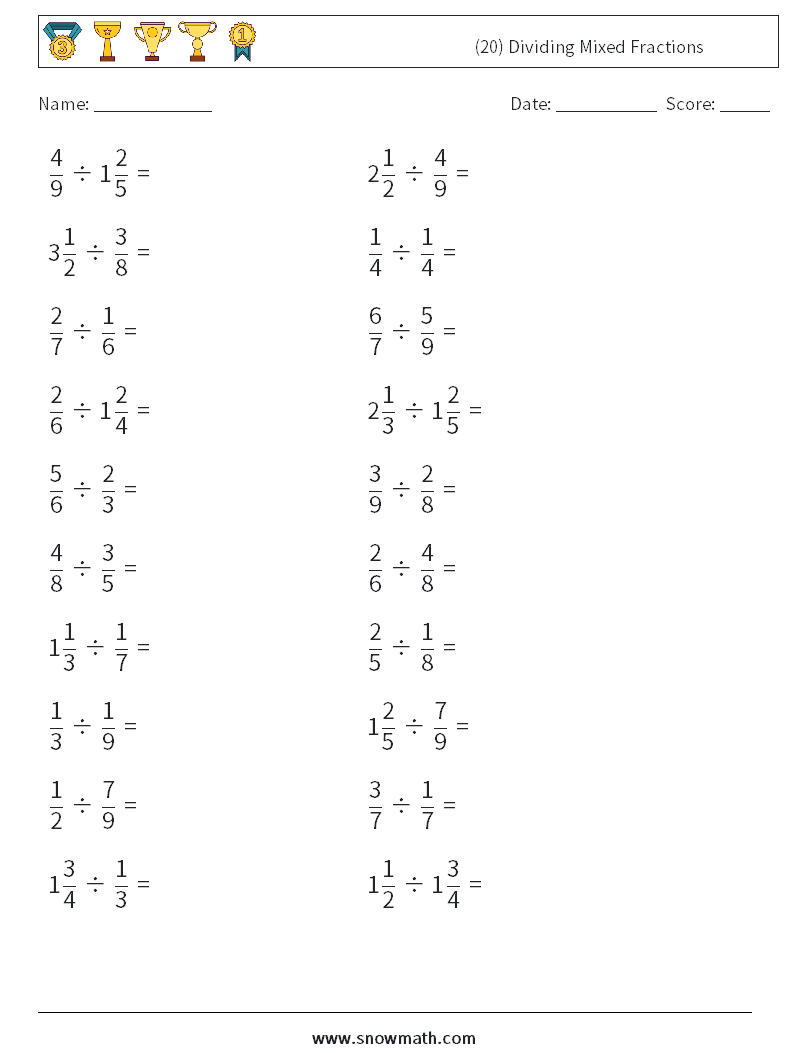 (20) Dividing Mixed Fractions Math Worksheets 5