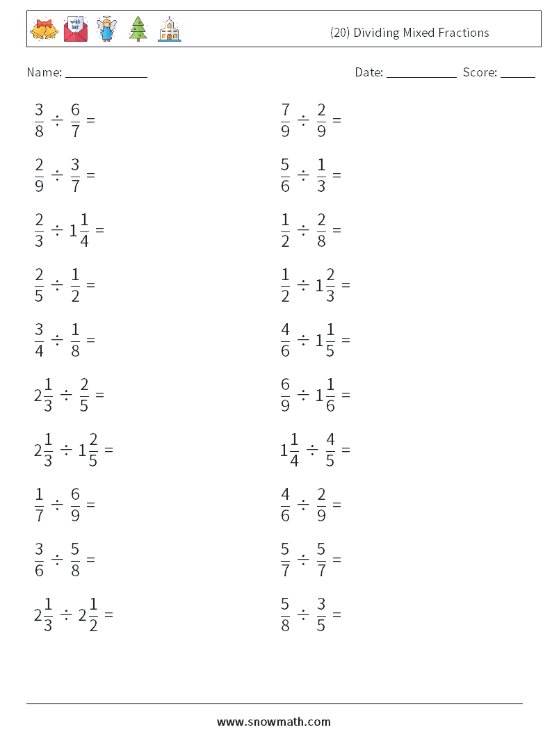 (20) Dividing Mixed Fractions Maths Worksheets 6