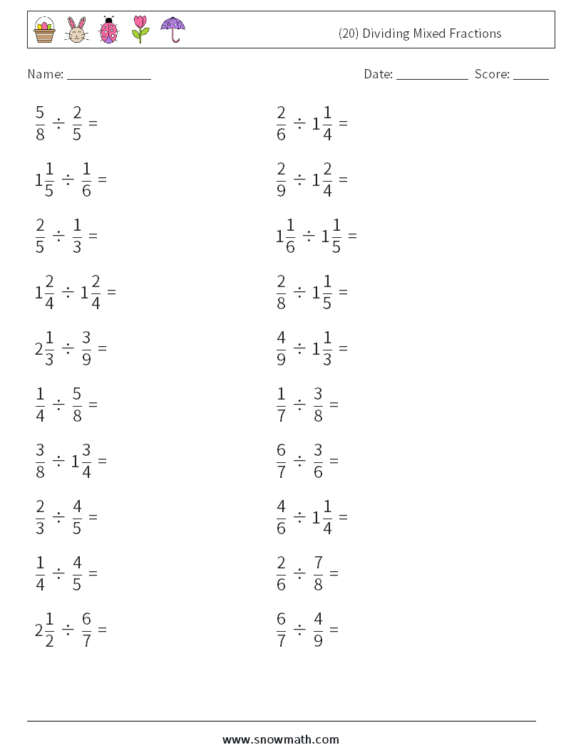 (20) Dividing Mixed Fractions Maths Worksheets 7