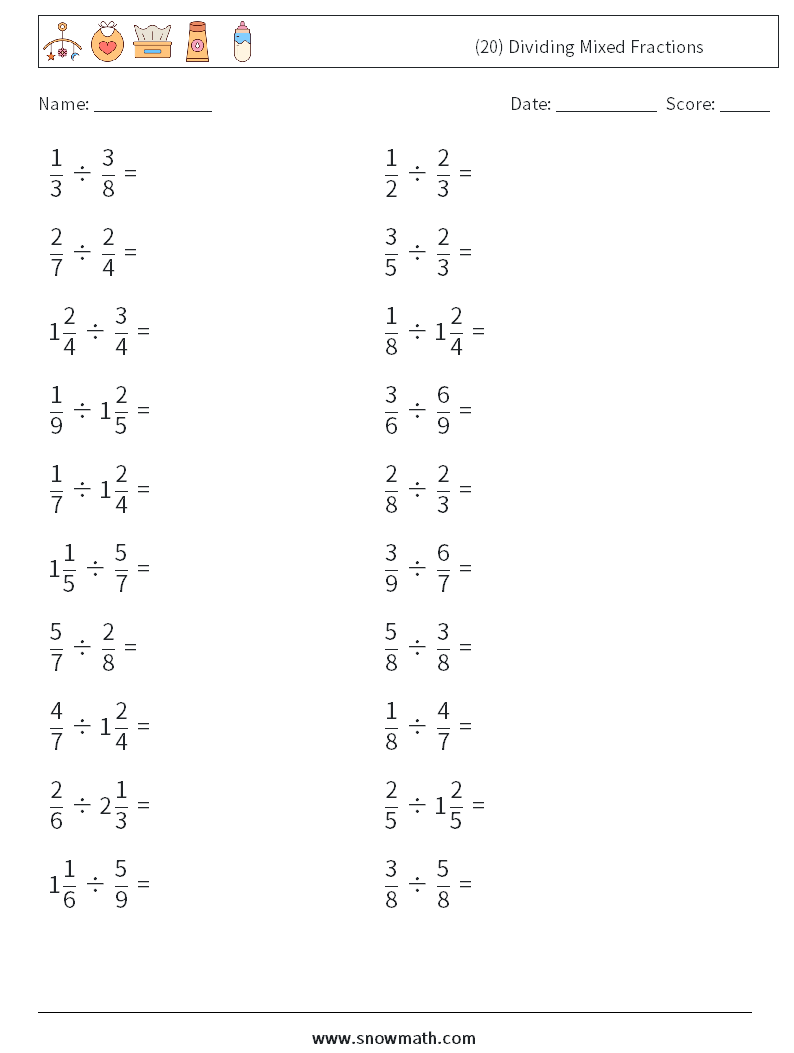 (20) Dividing Mixed Fractions Math Worksheets 8