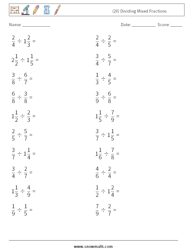 (20) Dividing Mixed Fractions Math Worksheets 9