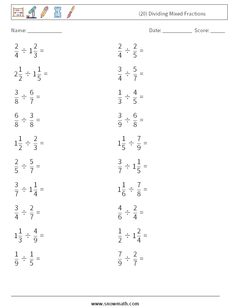 (20) Dividing Mixed Fractions Maths Worksheets 9