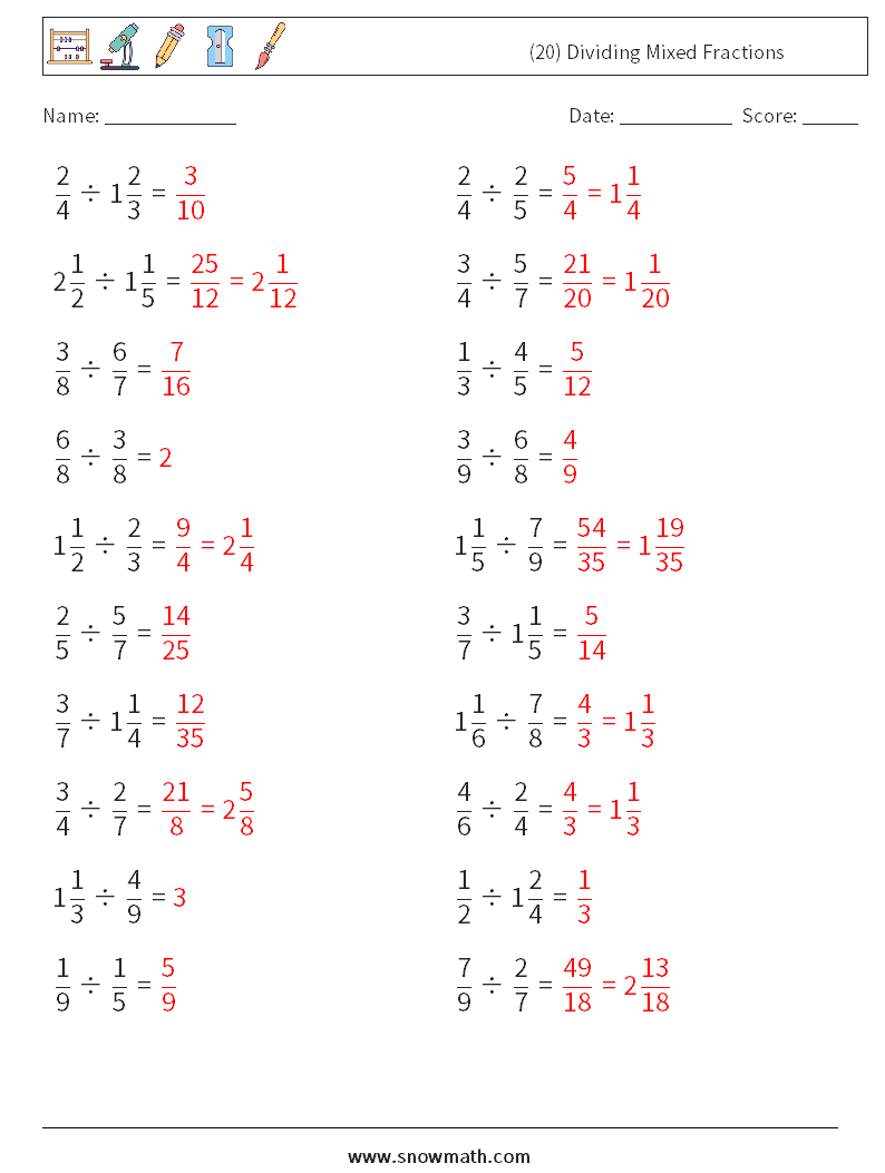 (20) Dividing Mixed Fractions Math Worksheets 9 Question, Answer
