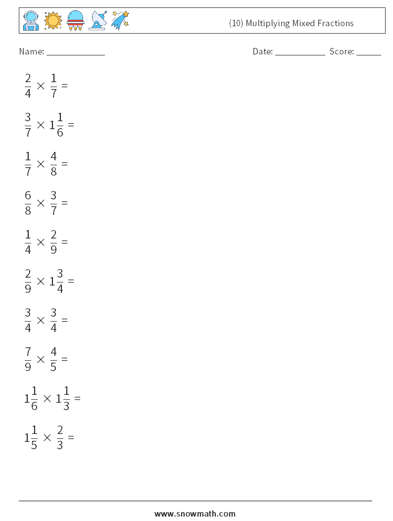 (10) Multiplying Mixed Fractions Maths Worksheets 1