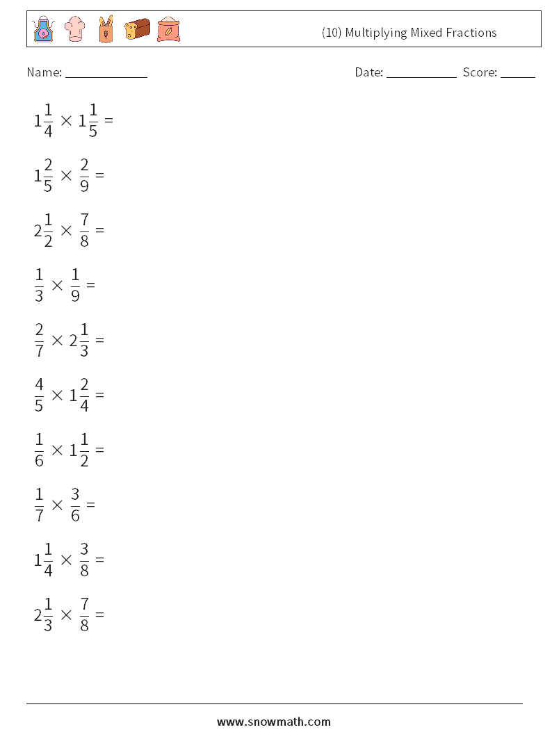 (10) Multiplying Mixed Fractions Math Worksheets 10