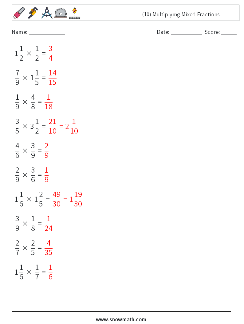 (10) Multiplying Mixed Fractions Math Worksheets 11 Question, Answer