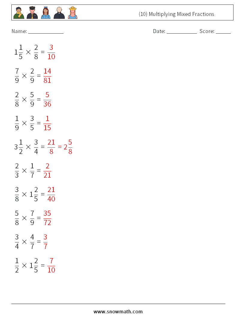 (10) Multiplying Mixed Fractions Math Worksheets 12 Question, Answer