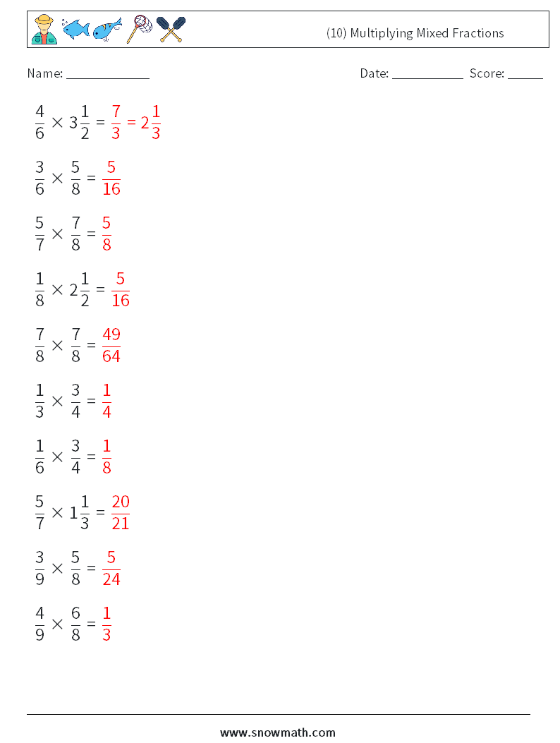 (10) Multiplying Mixed Fractions Math Worksheets 13 Question, Answer