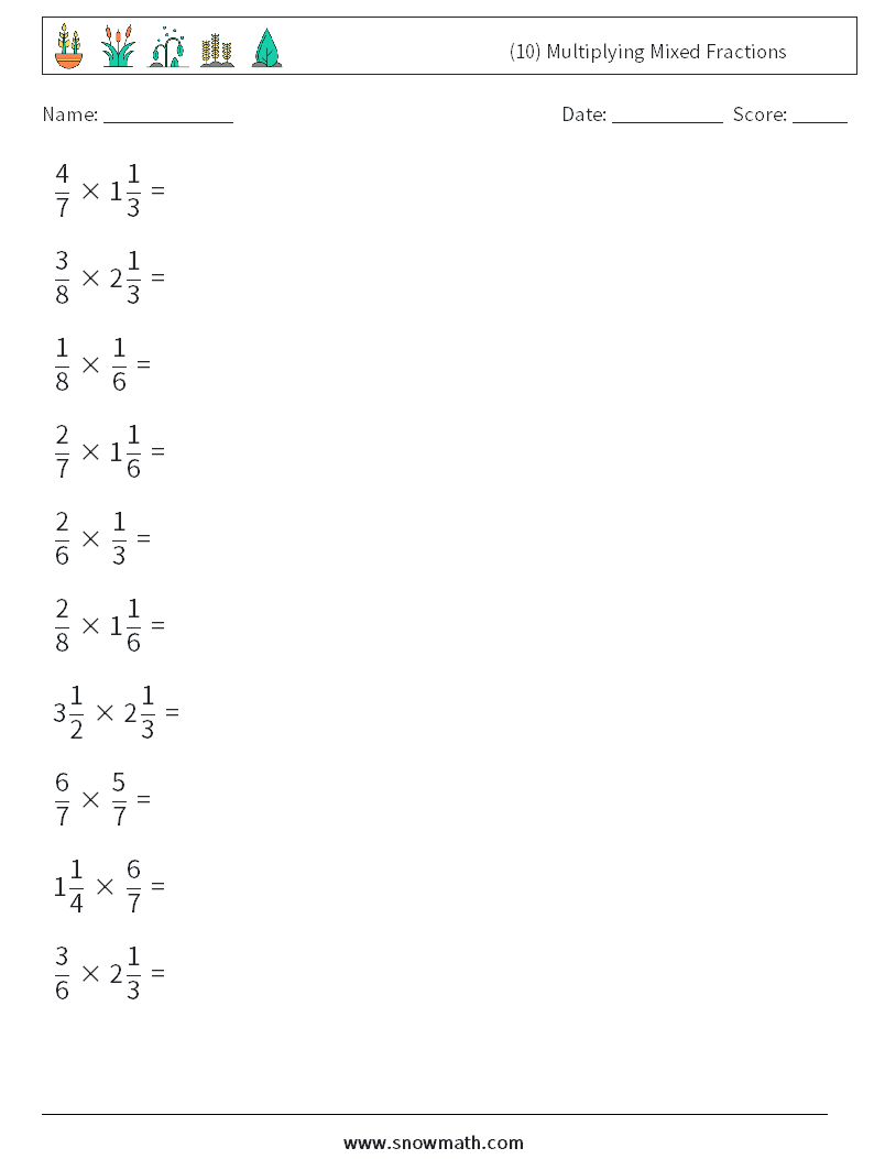 (10) Multiplying Mixed Fractions Math Worksheets 14