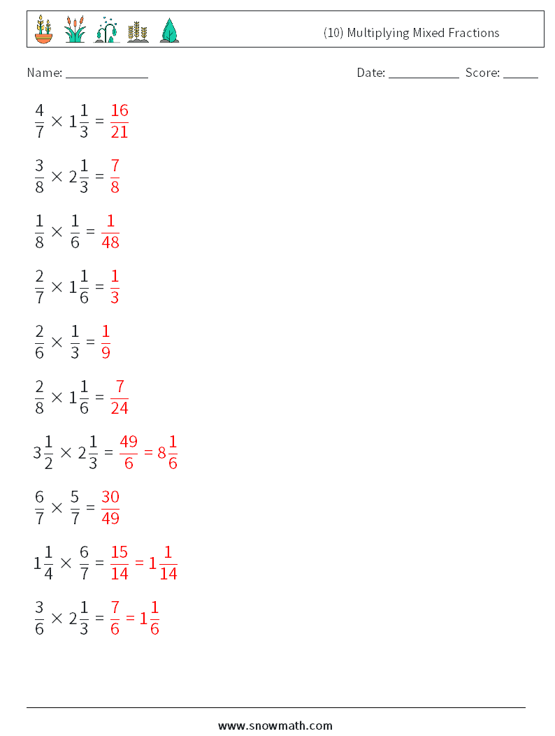 (10) Multiplying Mixed Fractions Math Worksheets 14 Question, Answer