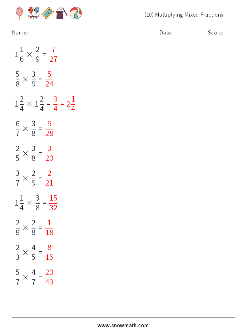 (10) Multiplying Mixed Fractions Math Worksheets 15 Question, Answer