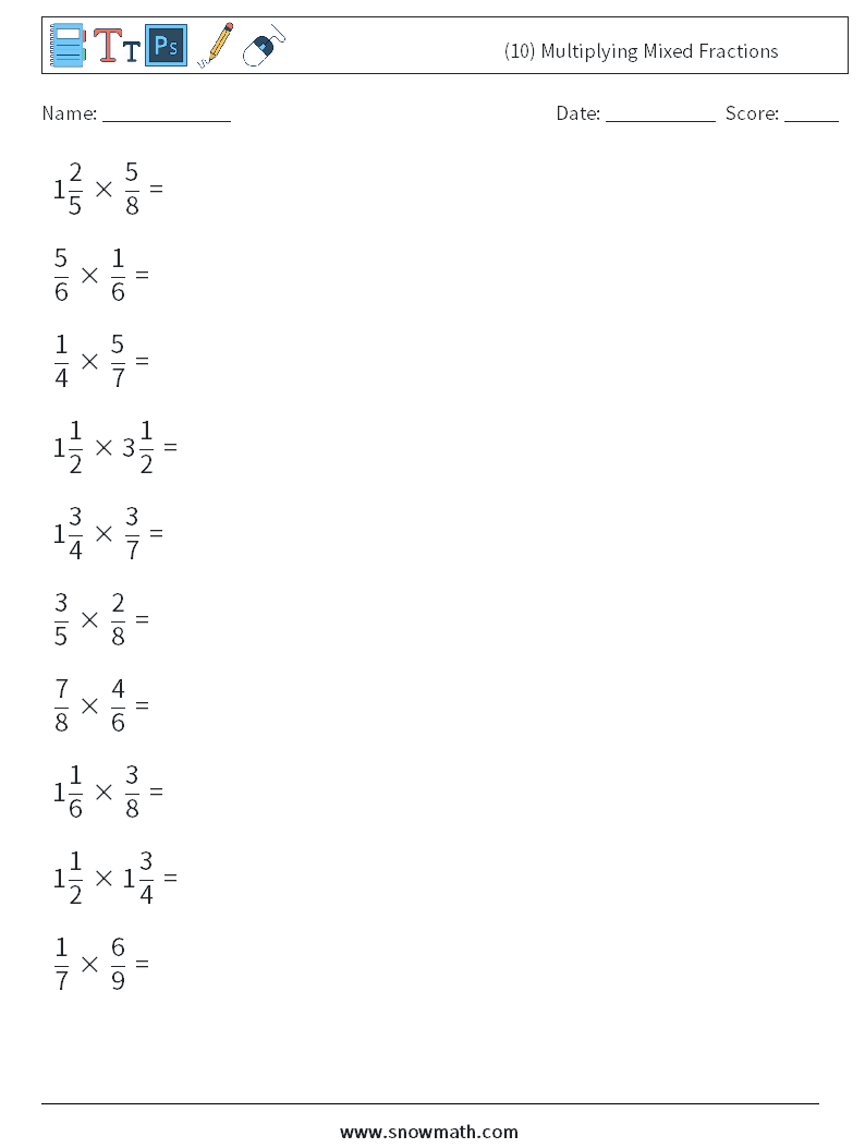 (10) Multiplying Mixed Fractions Math Worksheets 16