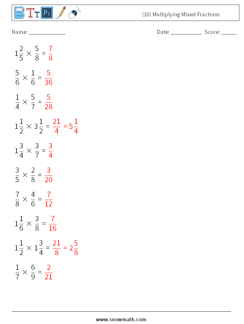 (10) Multiplying Mixed Fractions Math Worksheets 16 Question, Answer