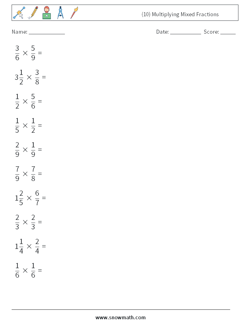 (10) Multiplying Mixed Fractions Maths Worksheets 17
