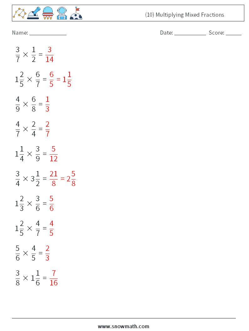 (10) Multiplying Mixed Fractions Math Worksheets 18 Question, Answer