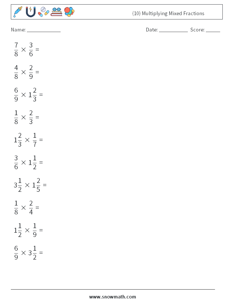 (10) Multiplying Mixed Fractions Math Worksheets 2