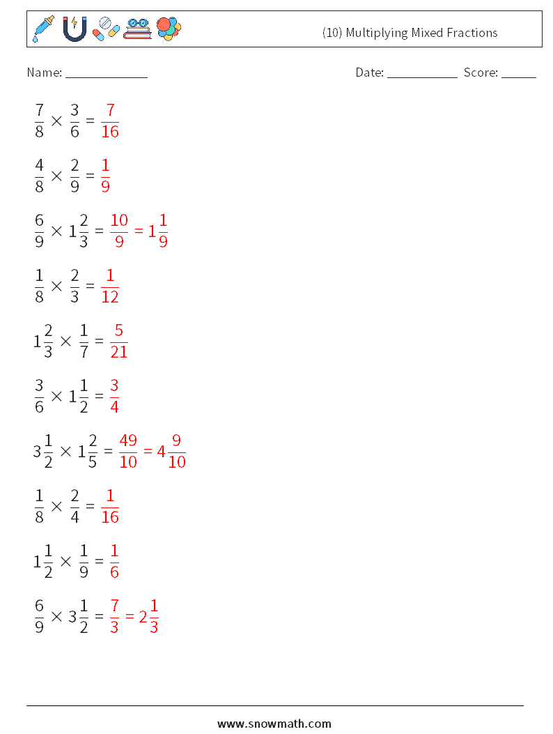 (10) Multiplying Mixed Fractions Math Worksheets 2 Question, Answer