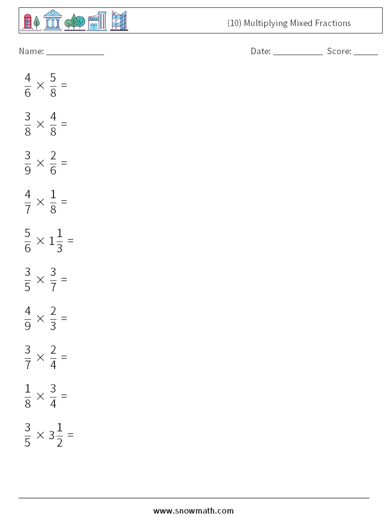 (10) Multiplying Mixed Fractions Maths Worksheets 3