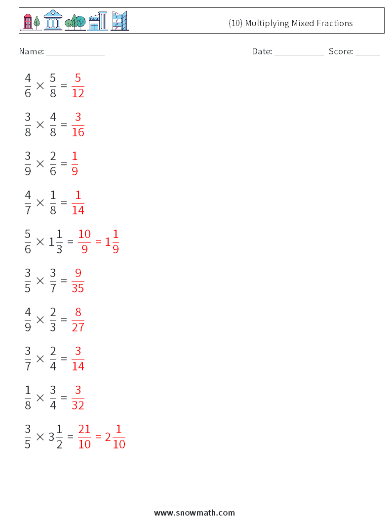 (10) Multiplying Mixed Fractions Math Worksheets 3 Question, Answer