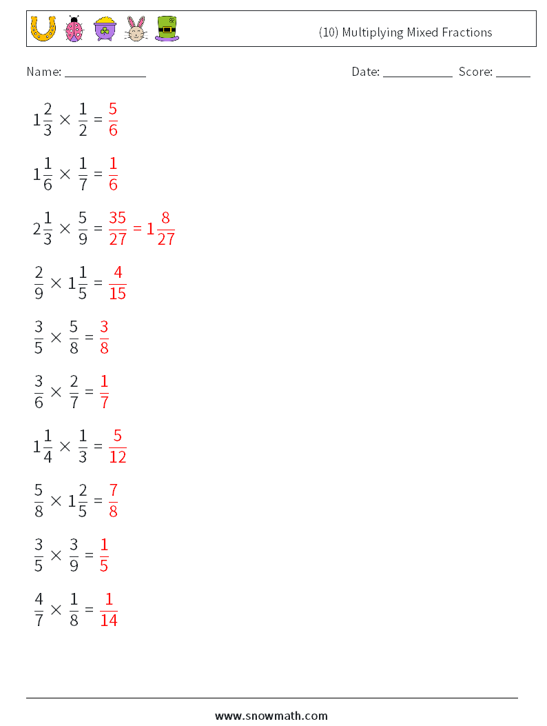 (10) Multiplying Mixed Fractions Math Worksheets 4 Question, Answer