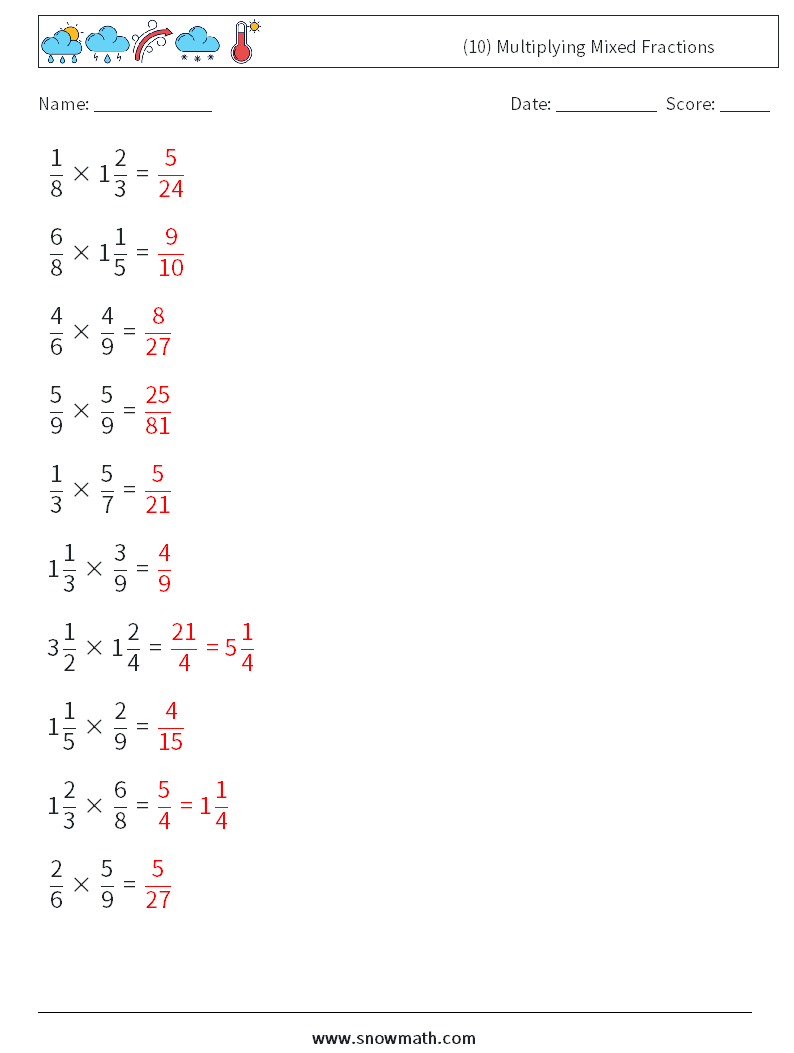 (10) Multiplying Mixed Fractions Math Worksheets 5 Question, Answer