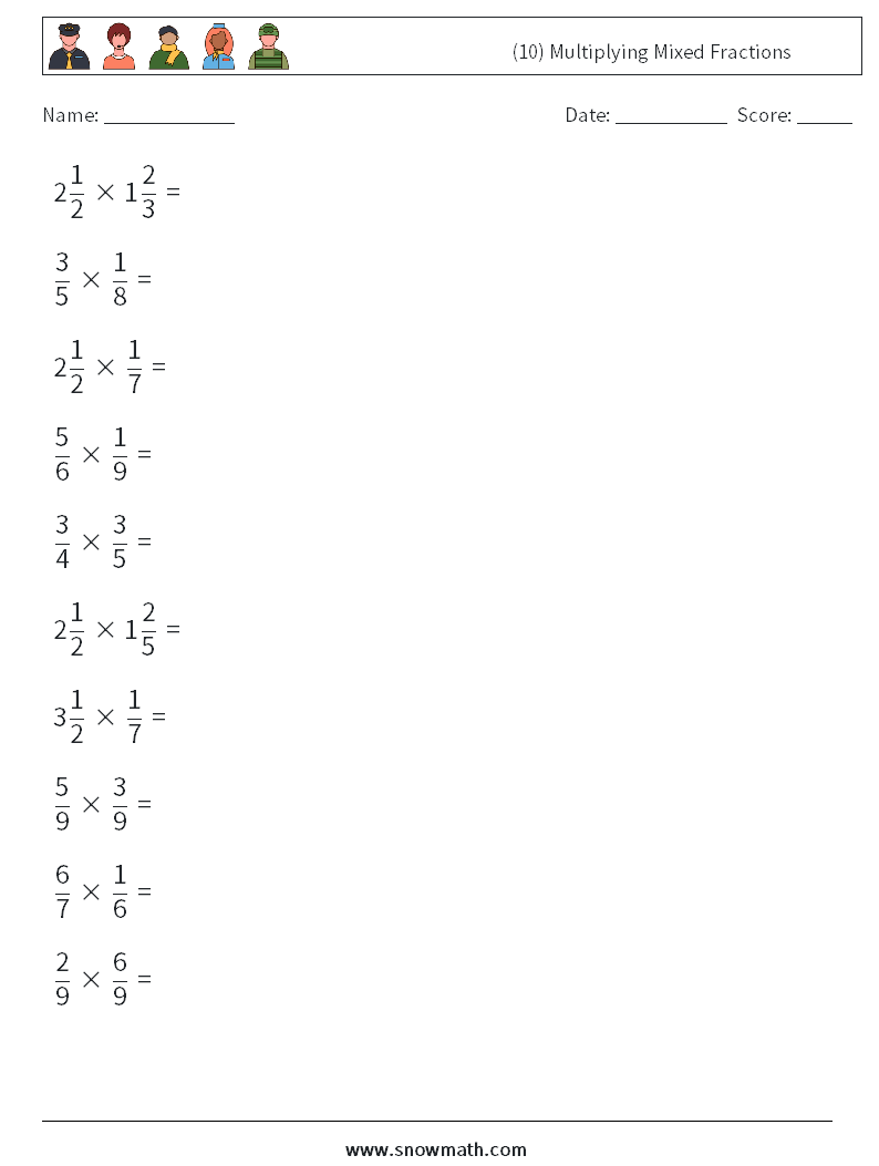 (10) Multiplying Mixed Fractions Math Worksheets 6