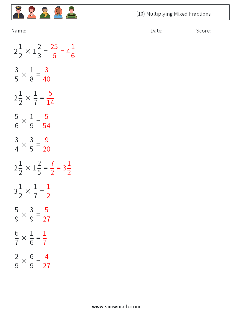 (10) Multiplying Mixed Fractions Math Worksheets 6 Question, Answer