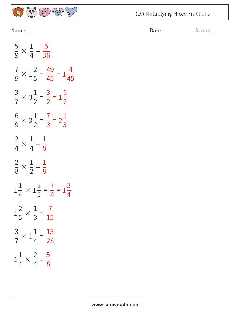 (10) Multiplying Mixed Fractions Math Worksheets 7 Question, Answer