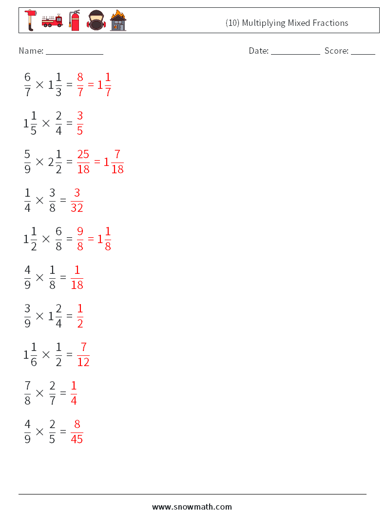 (10) Multiplying Mixed Fractions Math Worksheets 8 Question, Answer