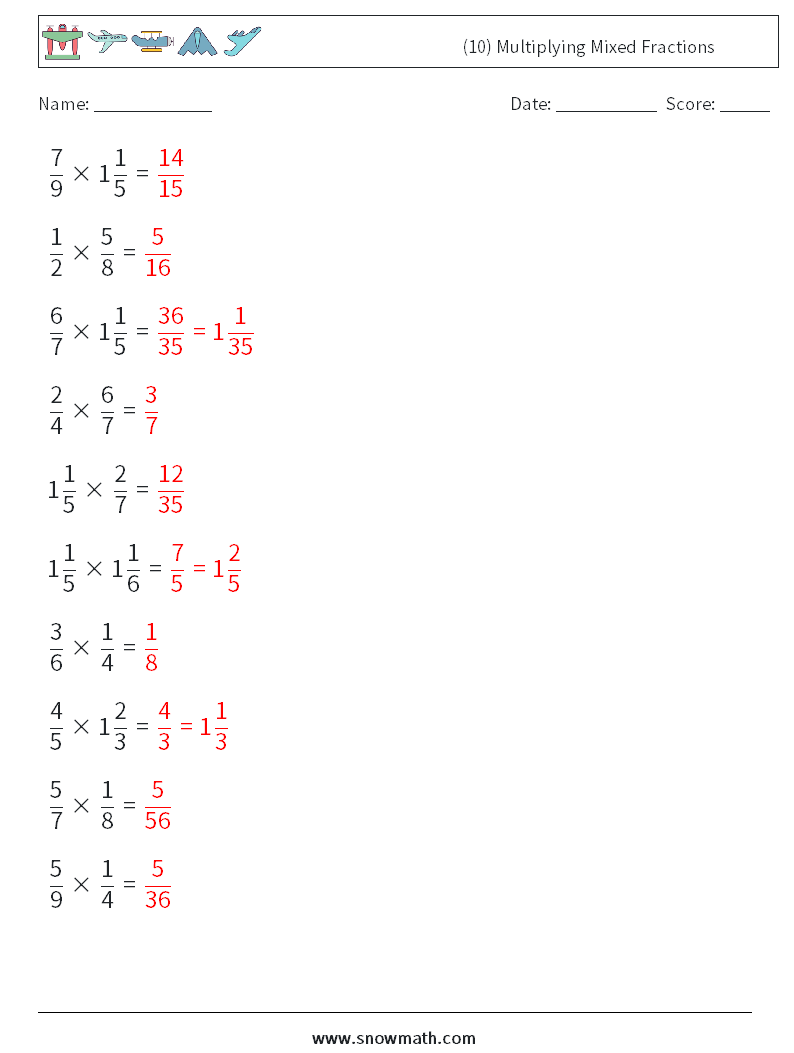 (10) Multiplying Mixed Fractions Math Worksheets 9 Question, Answer