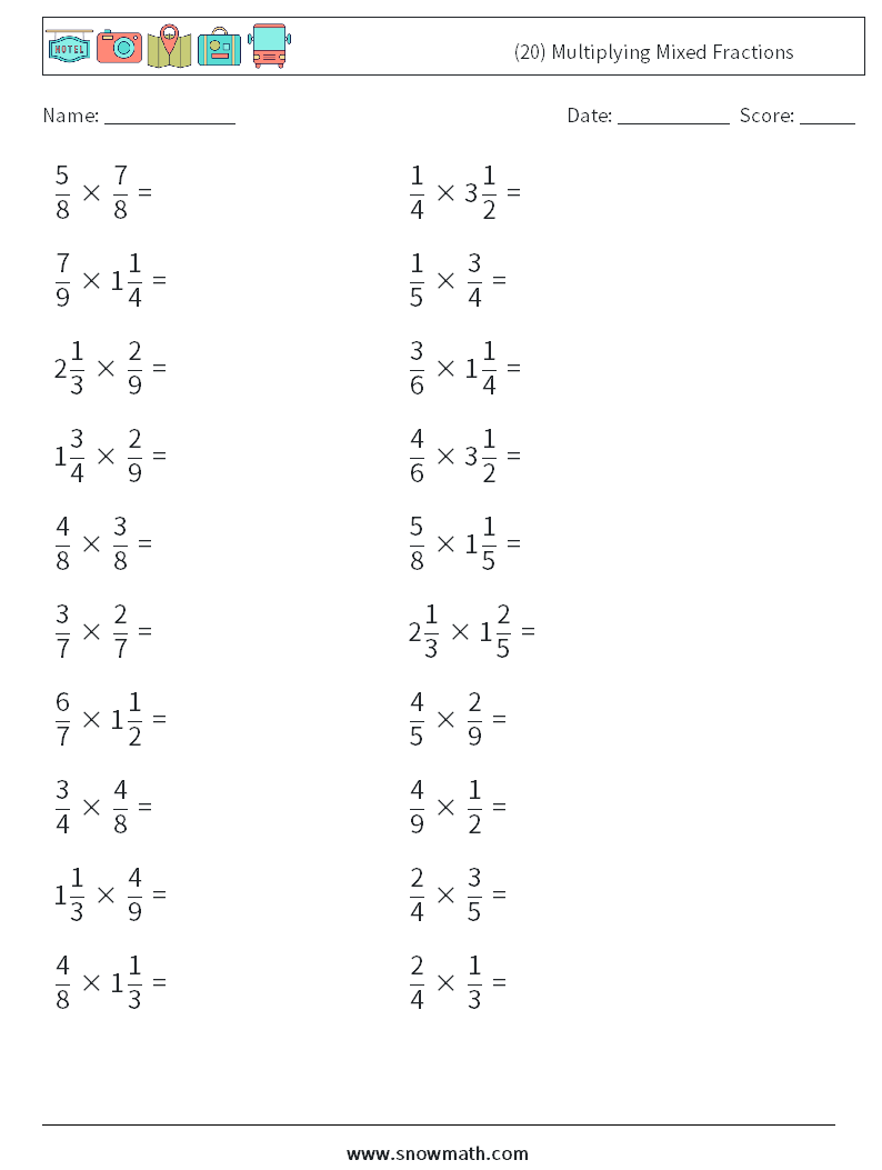 (20) Multiplying Mixed Fractions Maths Worksheets 1