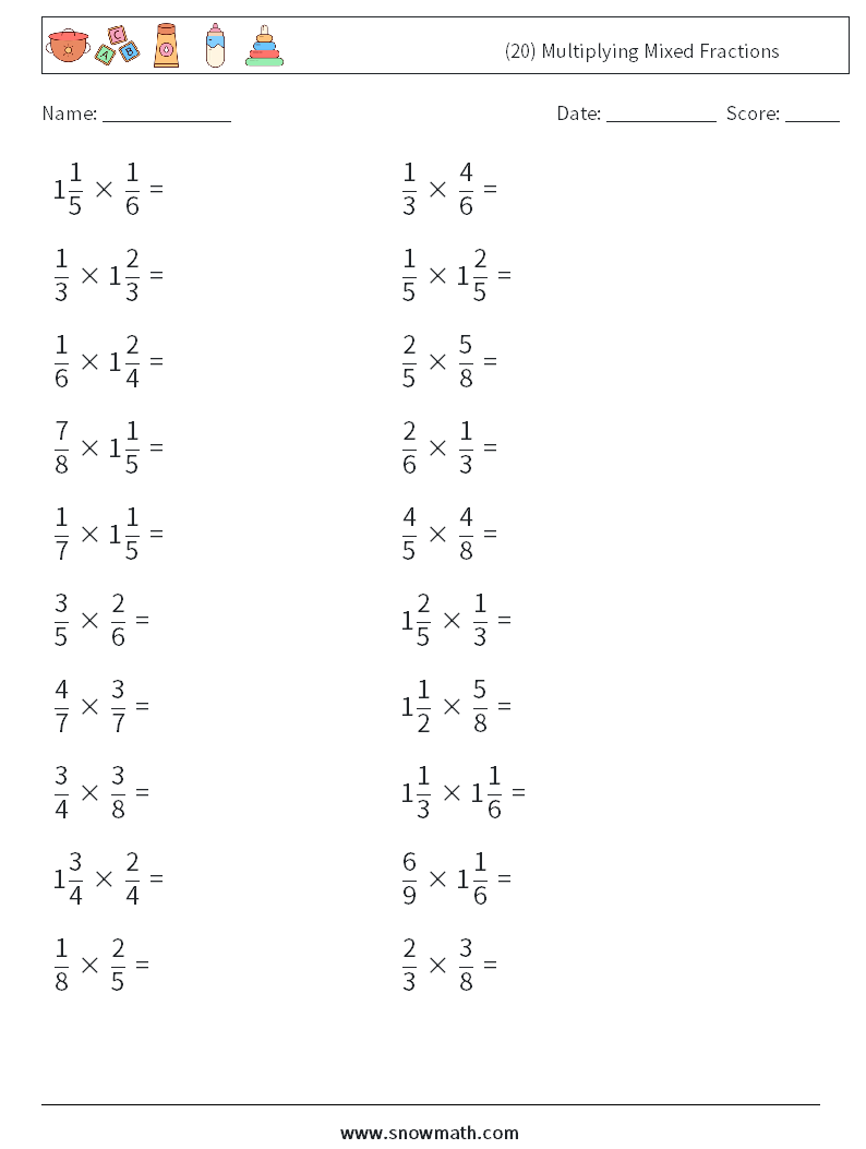 (20) Multiplying Mixed Fractions Maths Worksheets 2