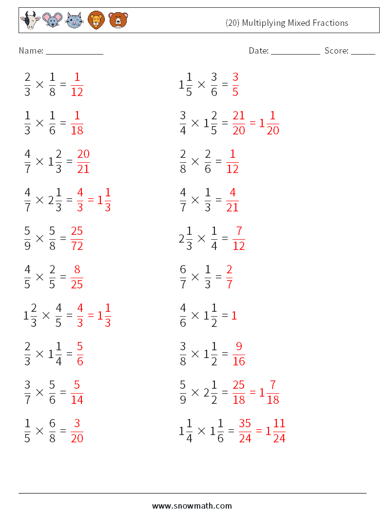 (20) Multiplying Mixed Fractions Math Worksheets 3 Question, Answer