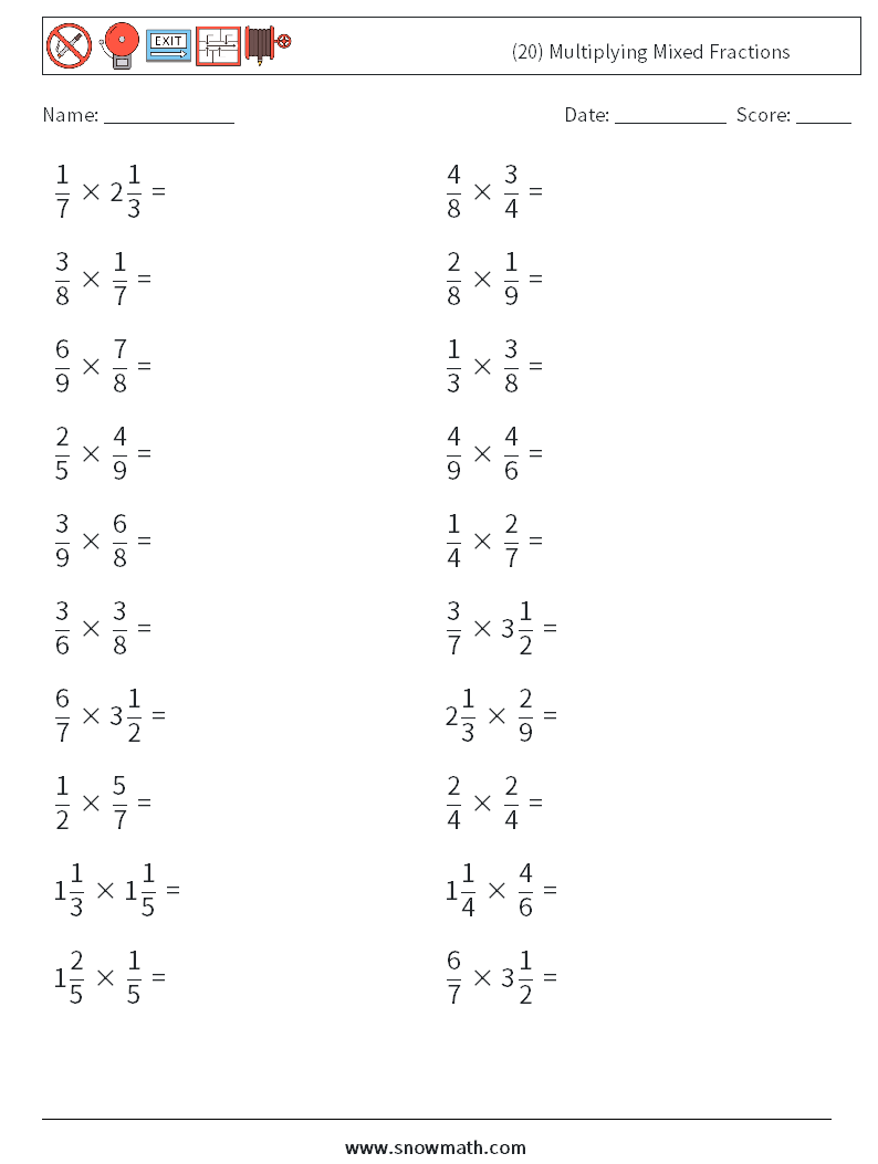 (20) Multiplying Mixed Fractions Math Worksheets 4