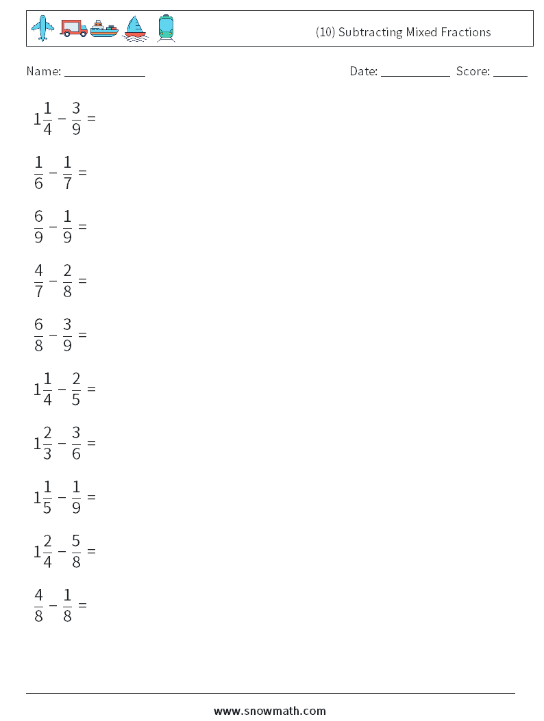 (10) Subtracting Mixed Fractions Math Worksheets 10