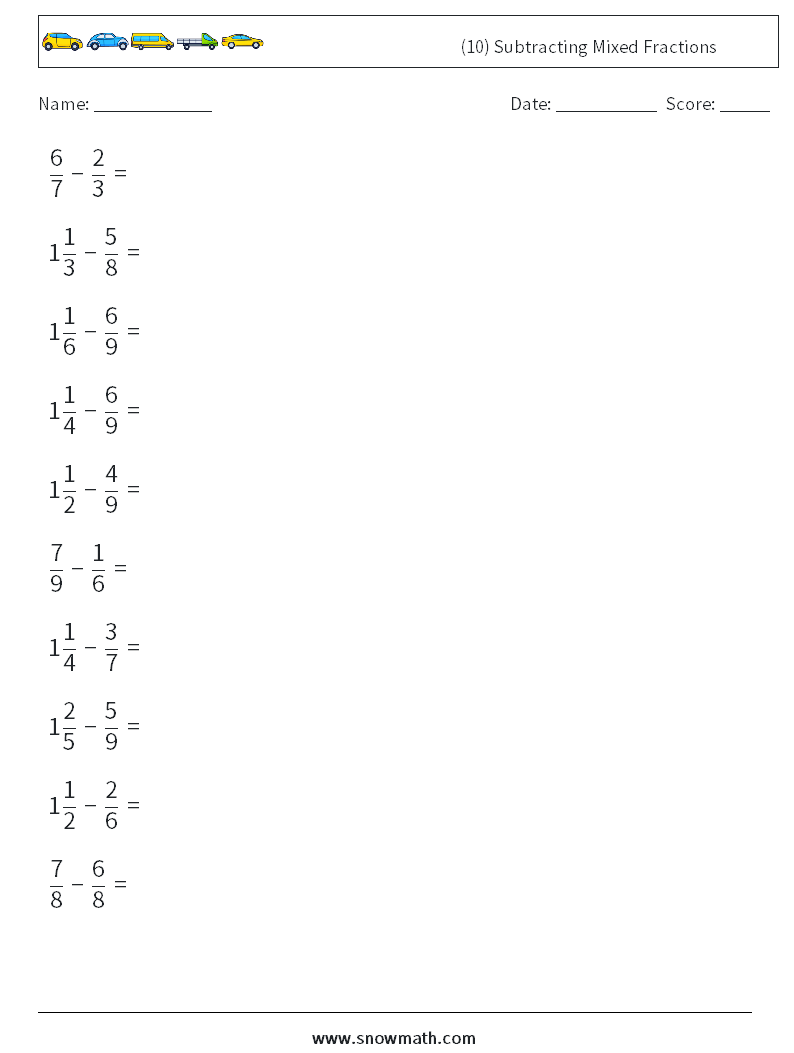 (10) Subtracting Mixed Fractions Math Worksheets 13
