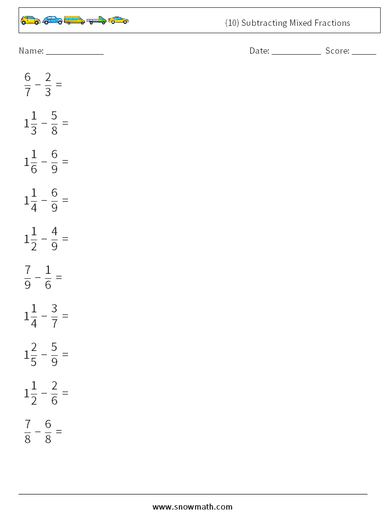 (10) Subtracting Mixed Fractions Maths Worksheets 13