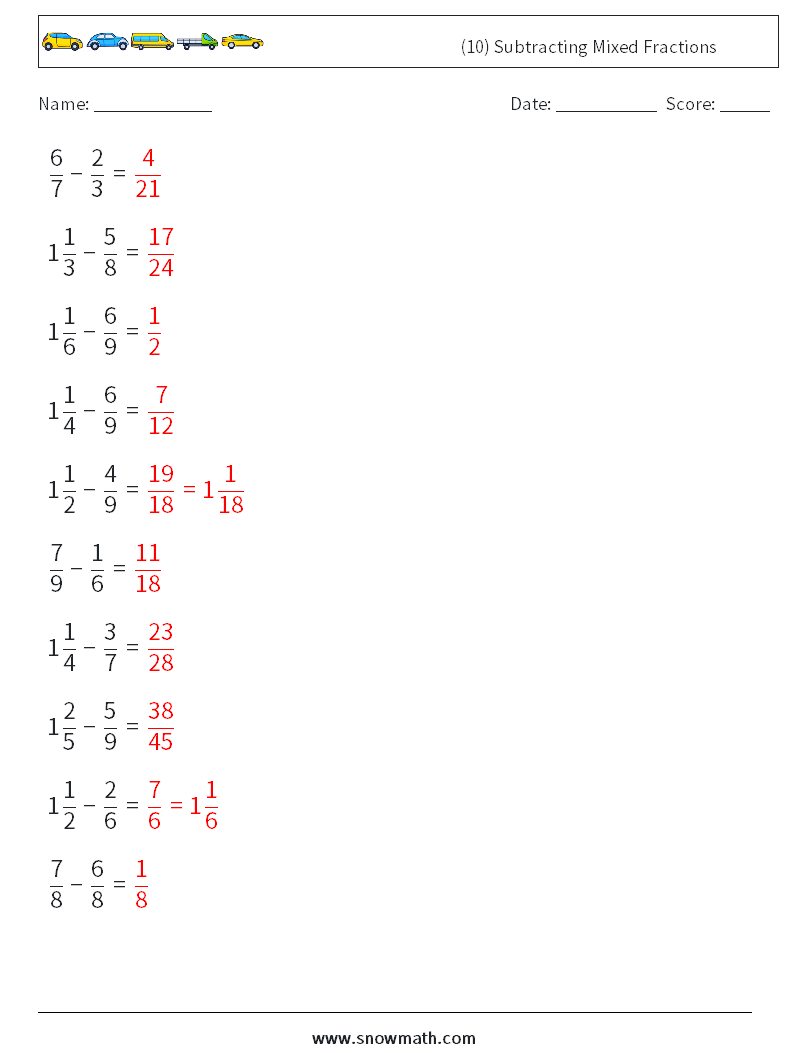 (10) Subtracting Mixed Fractions Math Worksheets 13 Question, Answer